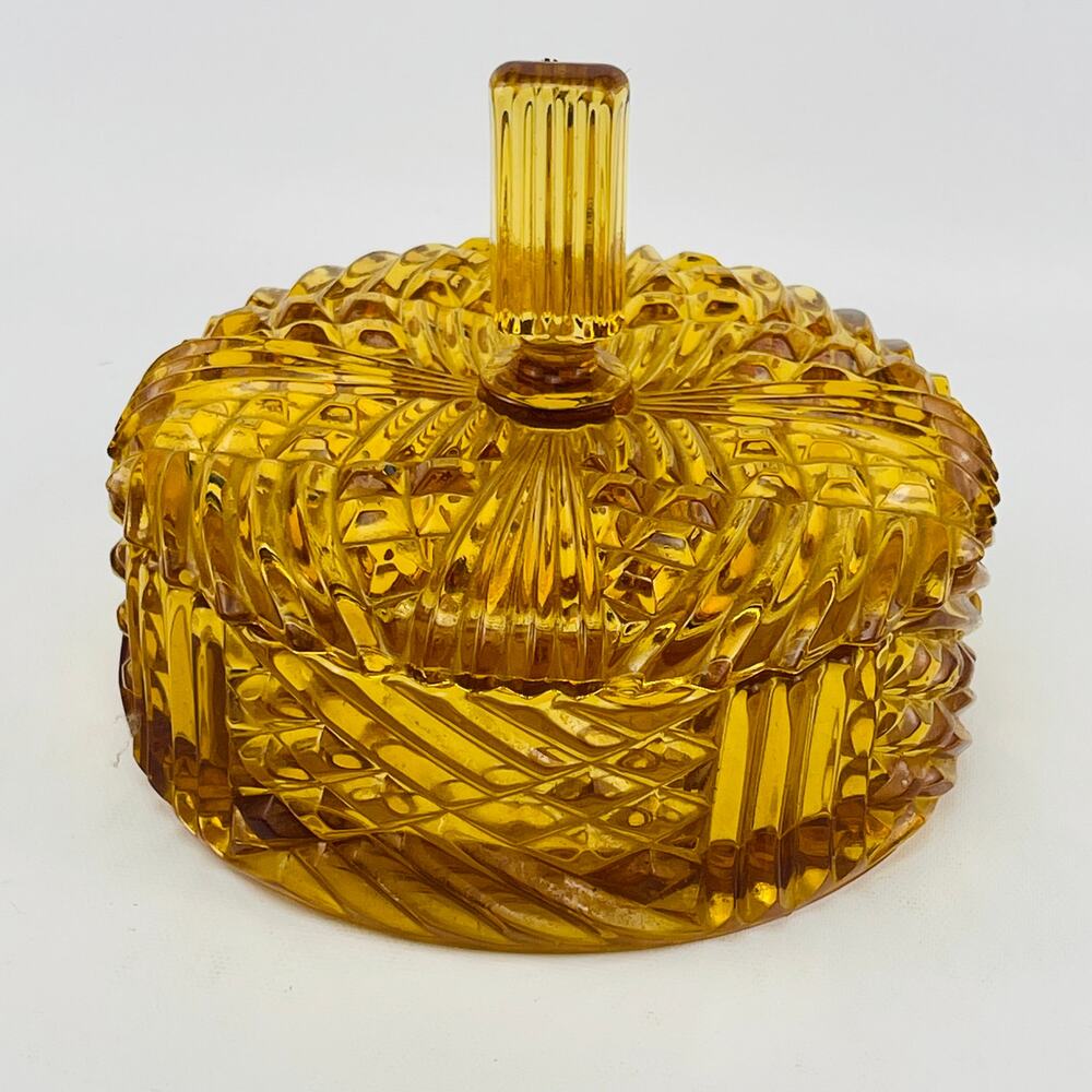 Vintage Amber Pressed Glass Lidded Bowl Candy Dish 3 Section MCM